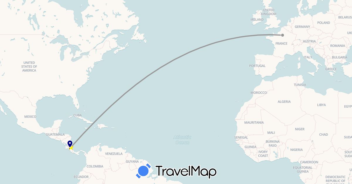 TravelMap itinerary: driving, plane, hiking, boat in Costa Rica, France (Europe, North America)